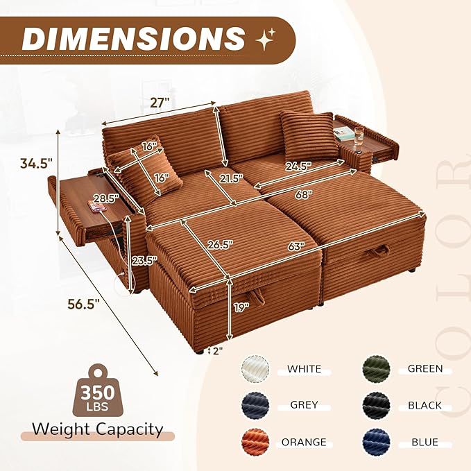 Chaise Lounge Chair Indoor 68 W Corduroy Loveseat Sectional Couch with Sorage Ottoman/Wing Table/Charge Ports/Cup Holder Modern Comfy Deep Seat Reading L-Shape Sofa for Living Room Orange