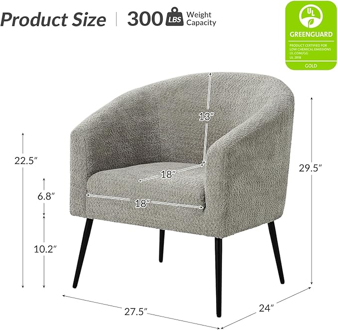 HULALA HOME Boucle Accent Chair Set of 2 Cozy Accent Barrel Chair with Metal Legs Upholstered Lounge Chair Single Sofa Armchair for Bedroom Living Room Reception Room Office Grey