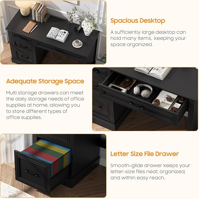 Farmhouse 47 Executive Desk with 3 Drawers and Adjustable File Drawer Workspace for Home Office and Study Pure Black.