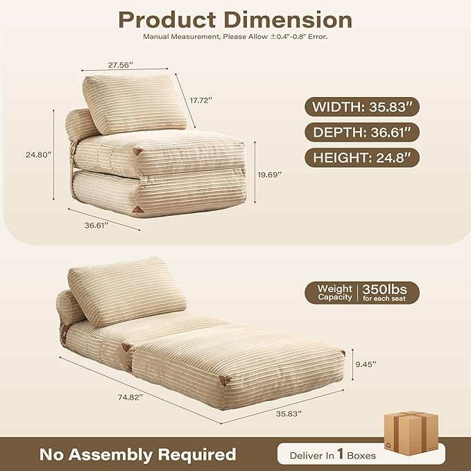 75''Foldable Sofa BedBeige Convertible Folding Sleeper Chair BedFoldable Single Sofa Foam Filling Couch with Pillow Comfy Corduroy Lazy Floor Sofa for Small Room Living Room Bedroom Apartment