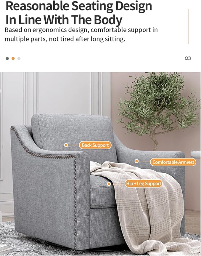 33 360° Swivel Cotton Linen Modern Mid-Century Accent Armchair Oversized Accent Chair Mid-Century Modern Chair with Sturdy Metal Base for Living Room Office Reception Areas Grey