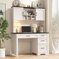 Vabches Farmhouse Executive Desk with 4 Drawers and Storage Cabinet Rustic Large Home Writing Desk with Hutch Workstation for Bedroom Black.