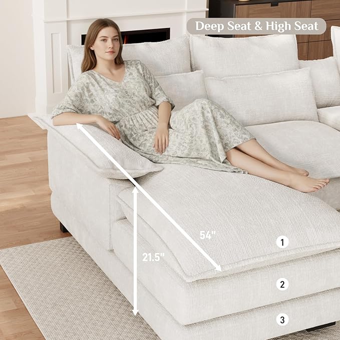 OUYESSIR 135 U Shaped Sectional Cloud CouchBeige Sectional Couches for Living RoomComfy Fluffy Chenille Oversized Cloud CouchModular Sectional Sofa with Central Console &amp Double Chaise Lounge