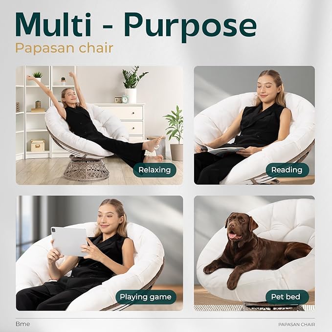 Bme 40 Ergonomic Wicker Papasan Chair with Soft Thick Cushion &amp Frame 360° Swivel Circle Reading Comfy Chair for Living Room Bedroom