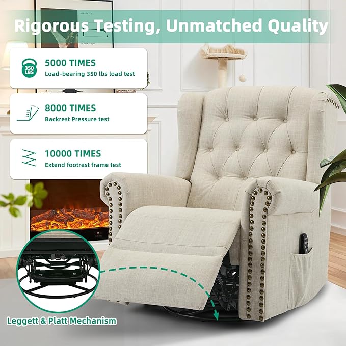 VIVIJASON Power Swivel Rocking Recliner Chair with Massage &amp Heat Electric Rocker Nursery Glider Chair Wingback Tufted Upholstered Recliner W/Type-C &amp USB Ports for Living Room Bedroom Bei