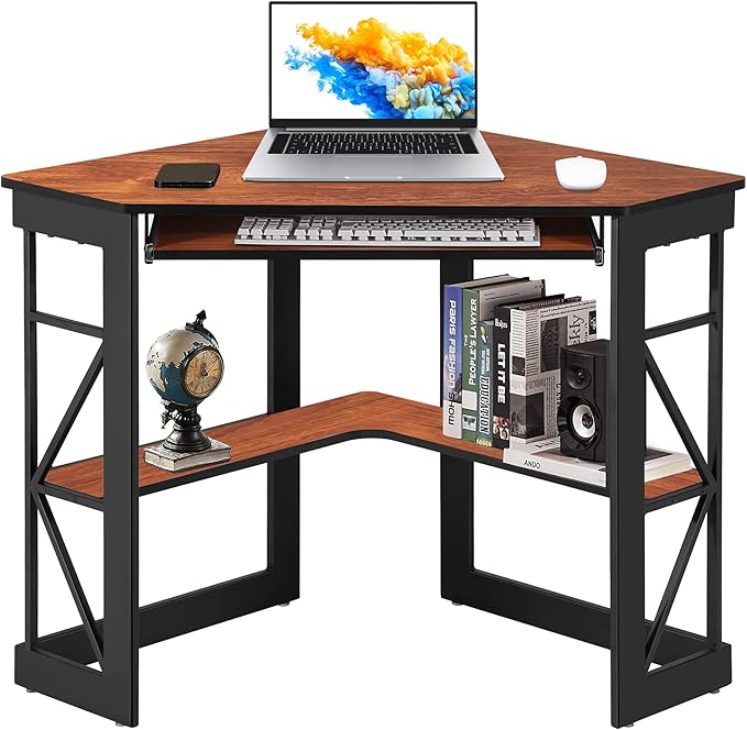 VECELO Corner Computer Desk 41 x 30 inches with Smooth Keyboard &amp Storage Shelves for Home Office Workstation Teak