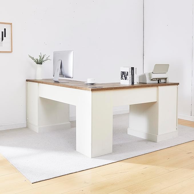 L-Shaped Executive Desk with Keyboard Tray 69” Farmhouse Corner Desk with Lockable Drawers Adjustable File Cabinet &amp Built-in Charging Station Rustic Home Office Desk (69)