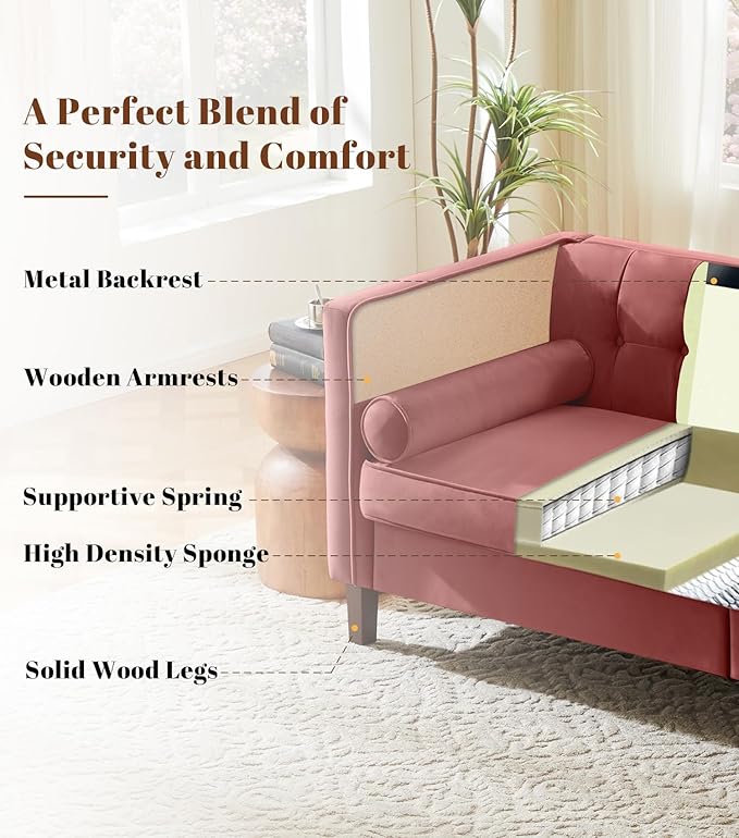 Kingfun Livingroom Furniture Sets Loveseat &amp 3 Seater Velvet Loveseat Couch Mid-Century Sofa Bolster Pillows Button Tufted Love Seats Toolless Assembly Pink