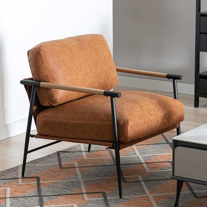 HEAH-YO Modern Accent Chair Set of 1 PU Faux Leather Living Room Chair with Backrests and Metal Legs Comfy Reading Side Armchair for Bedroom Brown
