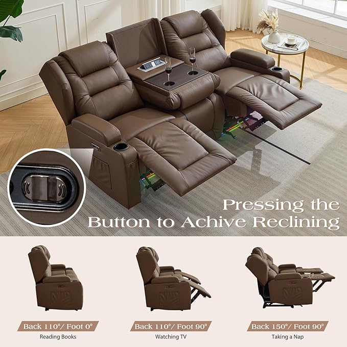 3-Seater Power Recliner Sofa Couch Flip Middle Backrest Reclining Sofa Chair for Living Room with Charging Station/Cup Holders/LED Ambient Light