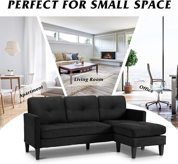 MAGIC UNION Sectional Sofa Set Convertible L-Shape Couch with Reversible Ottoman Modern Linen Fabric Sofa for Small Living Room Apartment Office (Black)