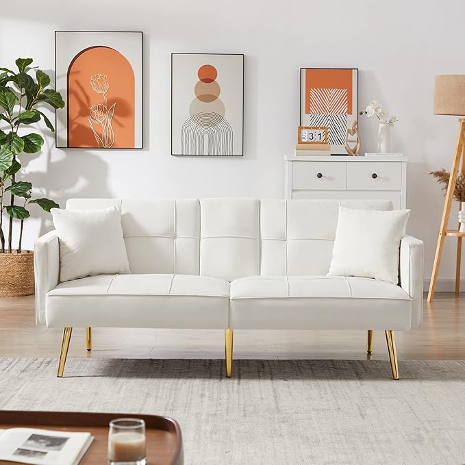 Futon Sofa Bed Modern Linen Fabric Couch Bed Loveseat Convertible Daybed with 2 Cup Holders and Removable Armrests for for Compact Living Space Apartment Dorm Office (18white)