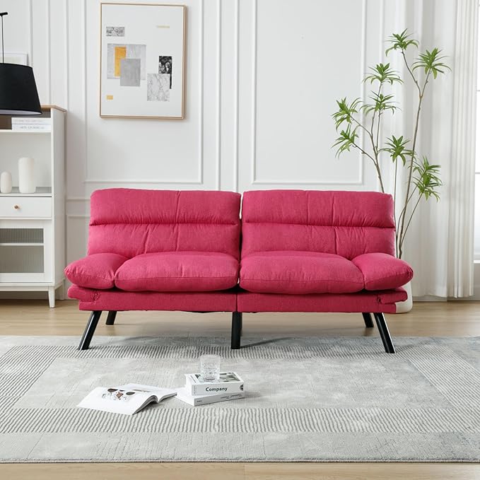 Convertible Futon Sofa Bed Linen Folding Loveseat Couch with Adjustable Backrest and Wooden LegsDouble Sleeper Sofa Couches for Small Spaces Living Rooms Apartment Office (Rose Red)