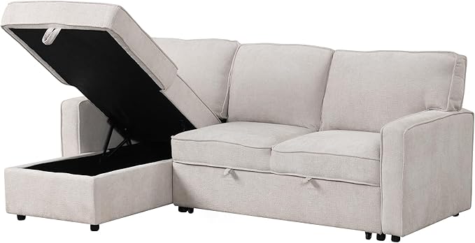 L-Shaped Convertible Sectional Sofa with Storage Space Upholstery Sleeper Sectional Sofa with USB Port and 2 Cup Holders on Back Cushions 3-Seat Sofa Furniture for Living Room Office (Beige-89'W)
