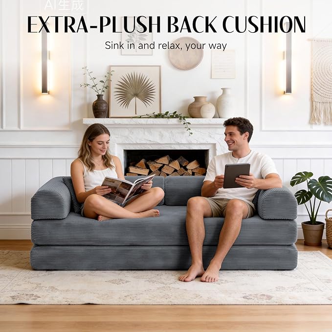 79 Corduroy Sofa Bed Boneless Couch in a Box with 2 Pillows High-Density Foam 4-in-1 Foldable Sleeper Futon Loveseat for Small Spaces No Assembly Side Pockets Dark Grey