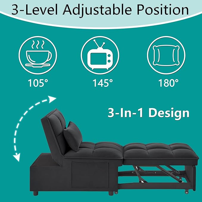 4 in 1 Bouncer with Pull-Out Bed Convertible Slip on Sofa Chair with Storage Pockets and Adjustable Backrest Comfortable Folding Footrest Bed Living Room (Black)