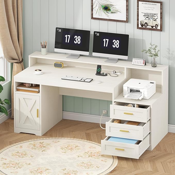 TVU Farmhouse Computer Desk with Drawers 65'' Home Office Desk with Power Outlets Storage Cabinet and Printer Stand Study Writing Desks with Long Monitor Stand White
