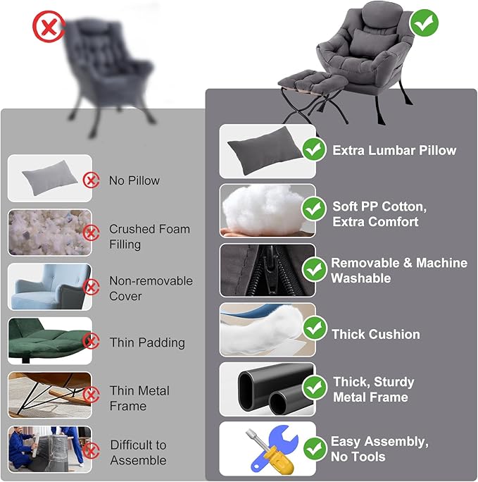 Lazy Chair with Ottoman Modern Accent Chair with Lumbar Pillow Dark Grey Sofa Armchairs with Folding Footrest Oversized Supportive Chairs for Bedroom Reading