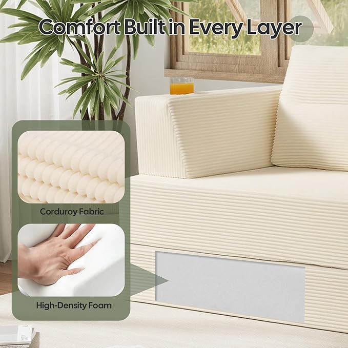 COMAX Futon Sofa Bed Queen 79 Convertible Sofa Bed Couches for Living Room 4 in 1 Folding Boneless Sleeper Corduroy Couch Loveseat Foam In a Box Comfy Foldable Lounge Fold Out Floor Mattress Beige