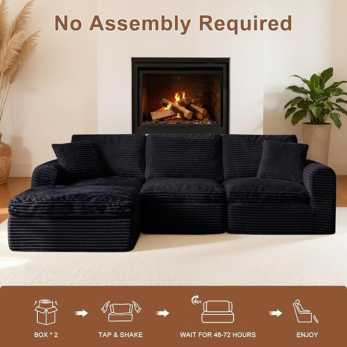 108” Modular Sectional Sofa Couches L Shaped Couch 3 Seater Cloud Sofa Memory Foam Sectional Couches for Living Room Boneless Couch with Ottoman Corduroy Black
