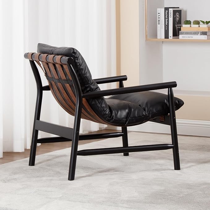 DUOMEI Faux Leather Accent Chair Mid Century Modern Living Room Chairs with Solid Wood Frame Upholstered Lounge Reading Chair Comfy Arm Chair Cozy Recliner for Bedroom/Guest Room Black