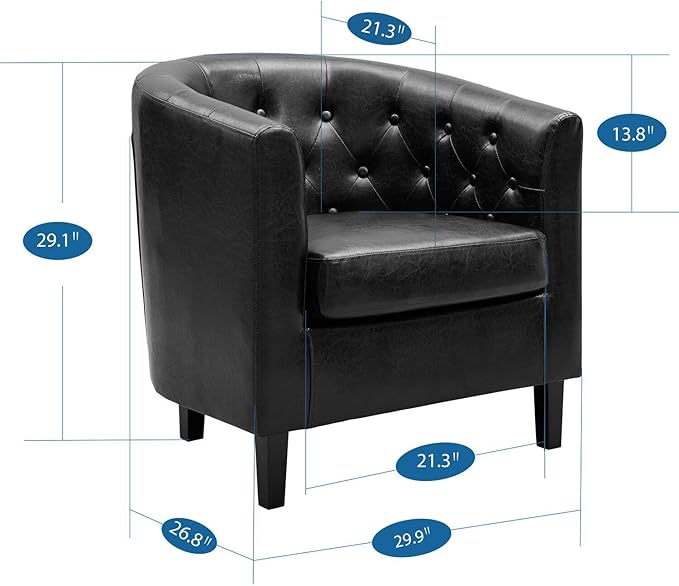 Naomi Home Emma Faux Leather Barrel Accent Chair – Modern Tufted Faux Leather Armchair with Wooden Legs Wide Seat Enhanced Back Support for Living Room Décor