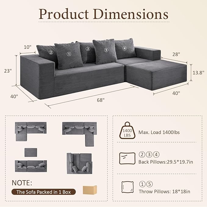 INGEROOM 108 Modular Cloud Sectional Couch with Deep Seat Boneless Sofa with Movable Ottoman Plush Corduroy Memory Foam Couch for Living Room No Assembly Dark Gray