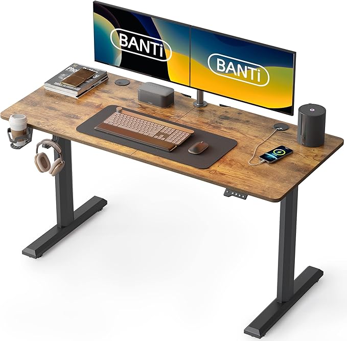 BANTI 55x24 Standing Desk Electric Stand up Height Adjustable Home Office Table Sit Stand Desk with Splice Board Black Frame &amp Rustic Brown Top
