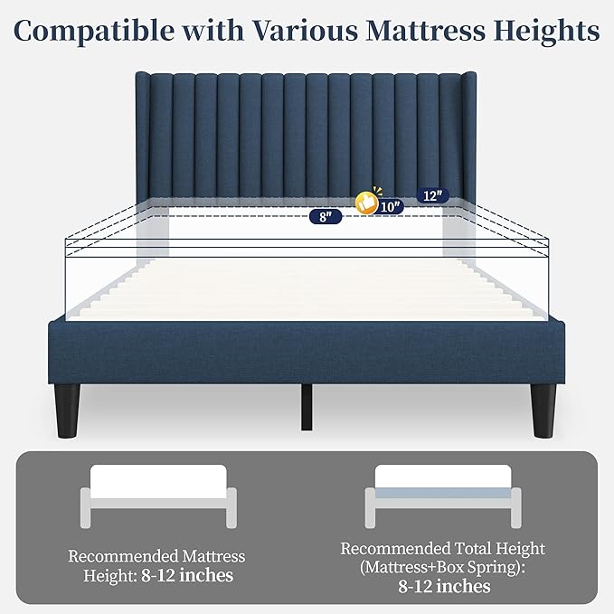 Yaheetech Full Size Bed Frame Upholstered Platform Bed with Wing Edge Headboard Square Tufted Fabric/Mattress Foundation/Wooden Slats Support/No Box Spring Needed/Easy Assembly/Navy Blue