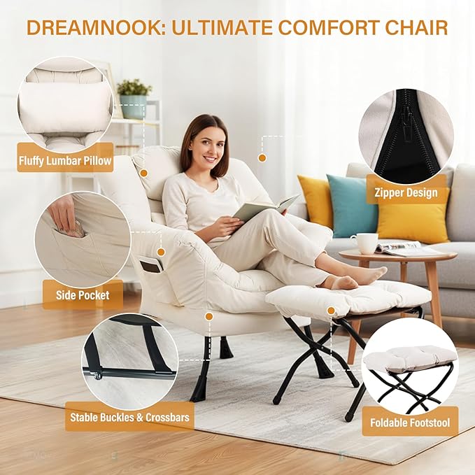 Lazy Chair with Ottoman Modern Accent Chair with Lumbar Pillow Velvet Beige Sofa Armchairs with Folding Footrest Oversized Supportive Chairs for Bedroom Reading