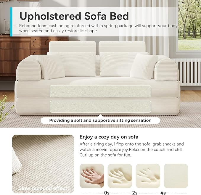 79'' Upgrade High Backrest Sofa Bed with Fixed Frame Removable Armrests &amp Backrest Corduroy Fabric Convertible Couch for Small Spaces No Assembly Needed (High Backrest Beige White)
