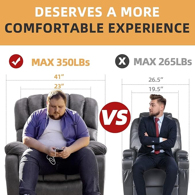 Lay Flat Sleeping Dual OKIN Motor Electric Lift Recliner with Heat Massage for Big Man Large Infinite Position Reclining Chair Up to 350 LBS for Living Room 2 Remote Controls Grey