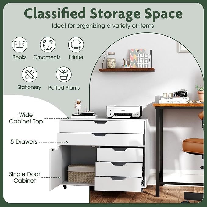 File Cabinet 5 Drawer Filing Cabinet with Door Mobile Storage Organizer Wooden Printer Stand on Wheels for Study Home Office Living Room White