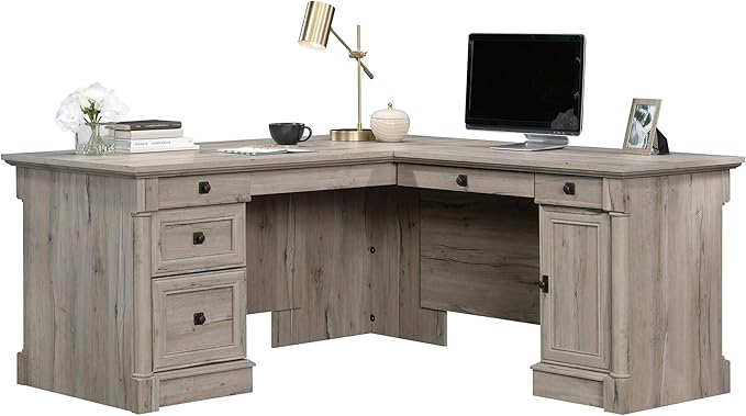 Sauder Palladia L Shaped Desk with Drawers Office Desk with File Cabinet Storage Cable Management Keyboard Tray in Split Oak finish