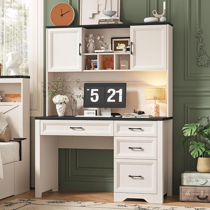 Vabches Farmhouse Executive Desk with 4 Drawers and Storage Cabinet Rustic Large Home Writing Desk with Hutch Workstation for Bedroom Black.