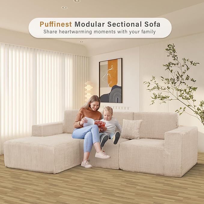 111 Boneless Couches for Living Room 3-Piece Cloud Couch Modular Sectional Deep Seat Compressed Couches for Living Room Bedroom Plush Corduroy Fabric No Assembly Required Khaki
