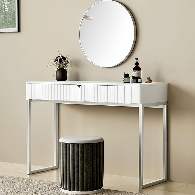 Modern Multi-Purpose Desk White &amp Antique Brass 43 L x 15.75 W 2 Large Drawers Computer/Vanity/Study Adult Size