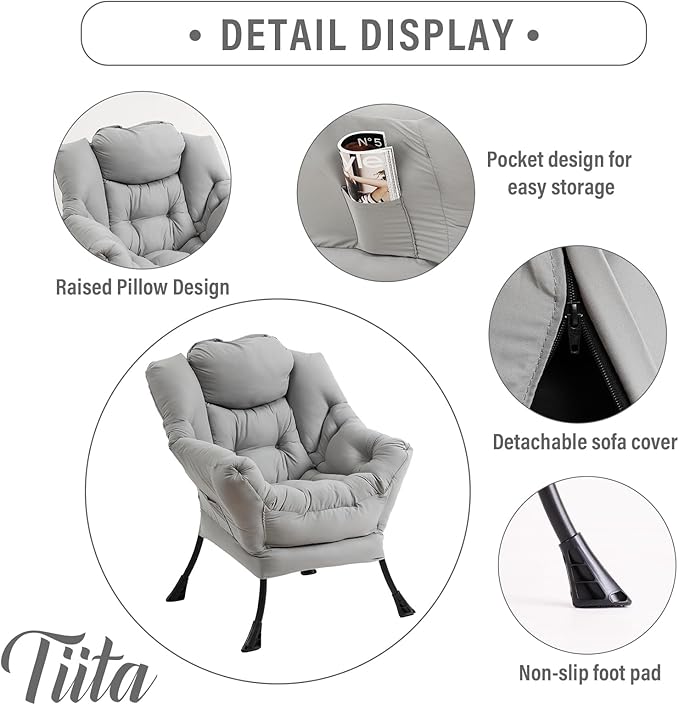 Tiita Lazy Chair with Ottoman Light Grey Modern Large Accent Chair Comfy Leisure Sofa Armchair with Ottoman Reading Chair with Footrest for Bedroom Living Room Dorm Rooms Peach Light Grey