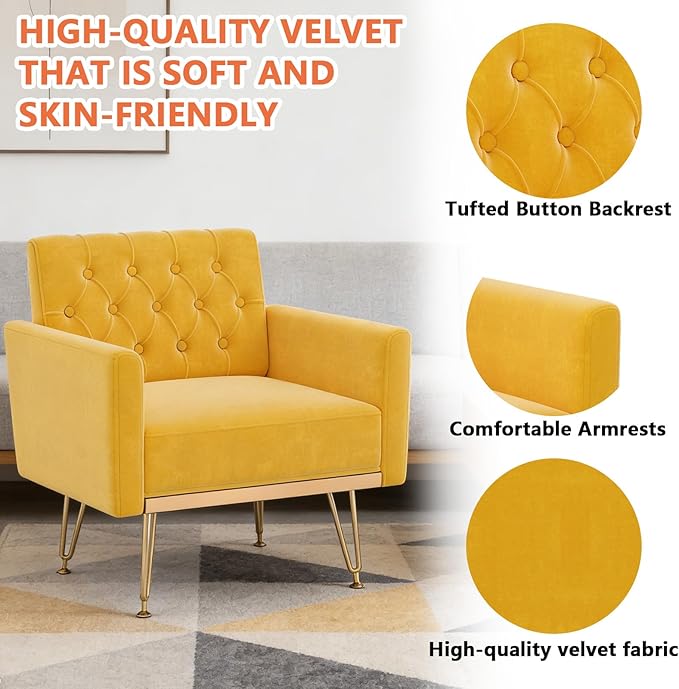 Yellow Accent Chair for Living RoomBedroom | Mid Century Modern Velvet Armchair with Leg and Tufted BackComfy Small Single Reading Chair (Yellow)