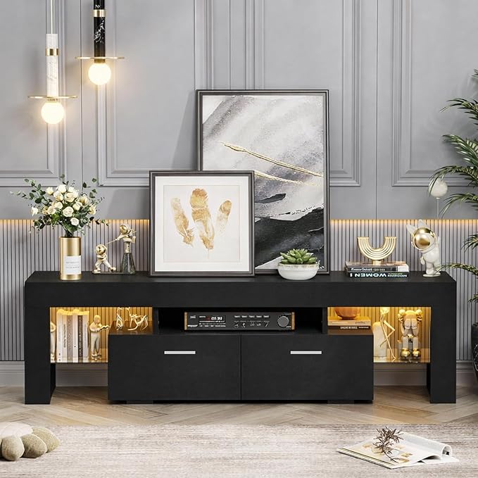 Large TV Stand for TVs up to 75 Inches – Modern Entertainment Center with LED Lights 4 Storage Drawers Open Shelves Black Finish