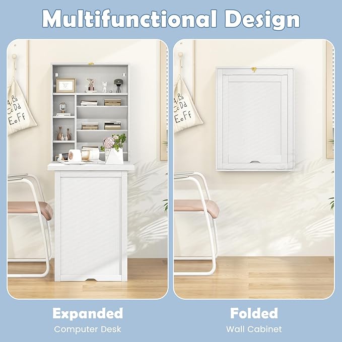 Tangkula Foldable Wall Mounted Desk Floating Table with Storage Shelves &amp Hooks Space-Saving Fold-Up Murphy Desk for Small Spaces Home Office Dorm Room