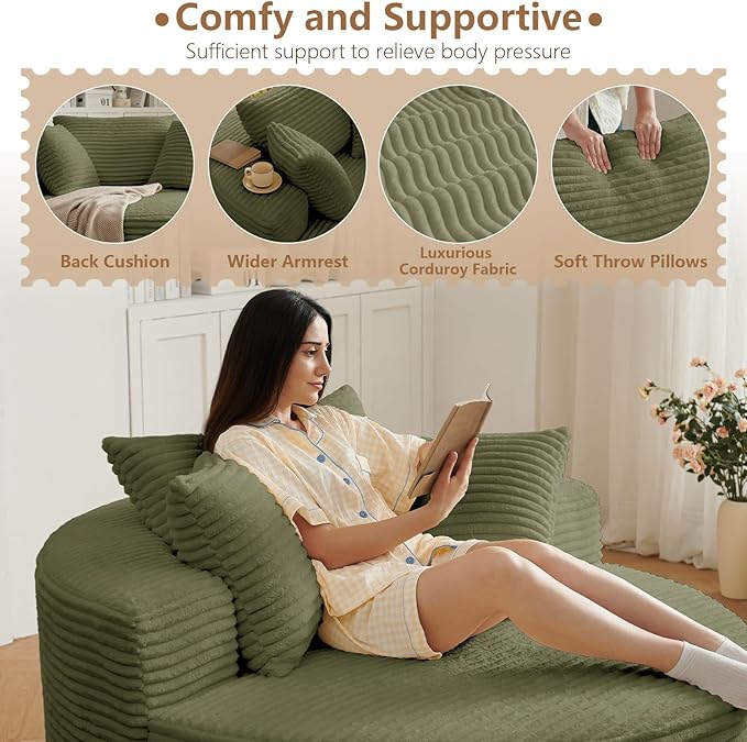 Oversized Round Chair Lounge Chaise Indoor Upholstered Corduroy Deep Seat Cloud Large Circle Sofa Chair No Assembly Required Fluffy Modern Sleeper Sofa Bed for Reading Living Room Light Green
