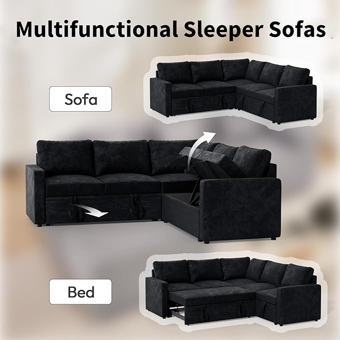 Modular Sofa Bed Couch with Storage 82 Reversible Sleeper Sofas with Pull Out Bed Pull Out Couch for Living Room Apartment Bedroom Office Velvet Black