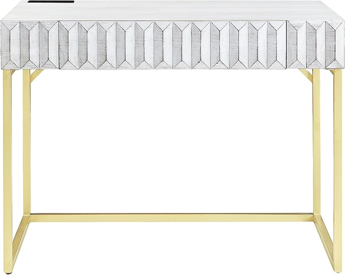 24/7 Shop at Home Bellevue Modern Metal 1 Drawer Writing Desk with USB Port Power Outlet for Workstation Home Office Study Room Antique White and Gold