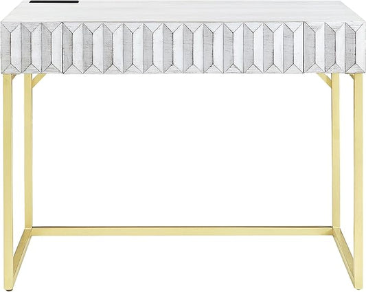 24/7 Shop at Home Bellevue Modern Metal 1 Drawer Writing Desk with USB Port Power Outlet for Workstation Home Office Study Room Antique White and Gold