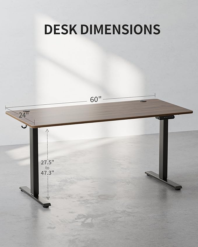 FEZIBO One-Piece Standing Desk Adjustable Height Stand up Home Office Desk 60x24 Inch Electric Standing Computer Desk with 4 Memory Presets Headphone Hook Black Walnut