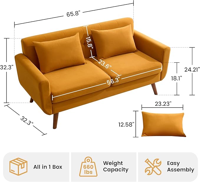 Tbfit 65 W Loveseat Sofa Velvet Mid Century Modern Love Seat Couches for Living Room Button Tufted Upholstered Small Couch for Bedroom Solid and Easy to Install Love Seats Furniture Yellow