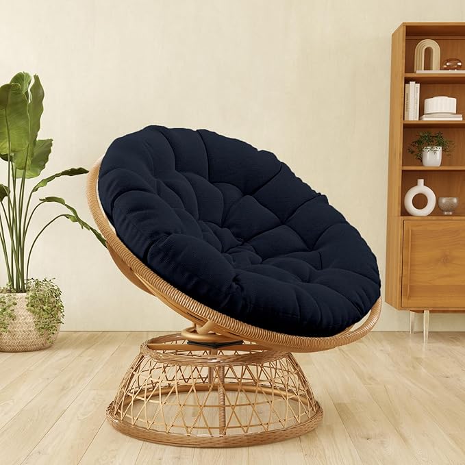 38'' 360 Degree Swivel Wicker Papasan Chair with Cushion and Base - Thickened Rattan Swivel Papasan Chair with Soft Cushion and Durable Frame Oversized Reading Chair for Living Room Dark Blue