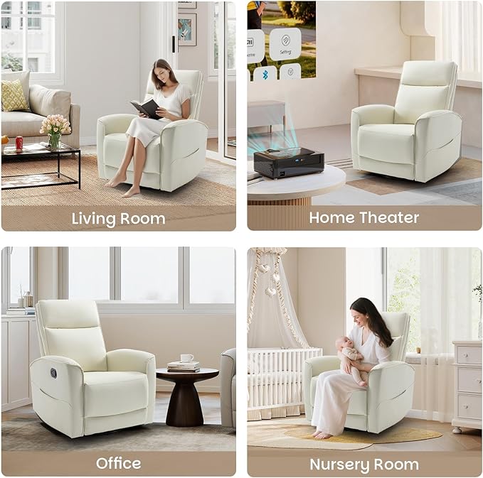 CANMOV Rocker Recliner Chair360°Swivel Nursery Glider ReclinerManual Recliner Sofa with Padded Armrest and BackrestLeather Recliner for Small SpacesLiving RoomBedroom (White)