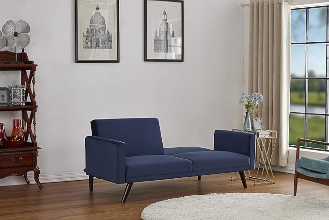 72 Retro Velvet Sofa Bed - Vintage Modern Convertible Futon w/Reclining Backrest - Velvet Upholstery on Solid Wood Frame (72 L x 34.6 W x 30.23 H) Dark Blue